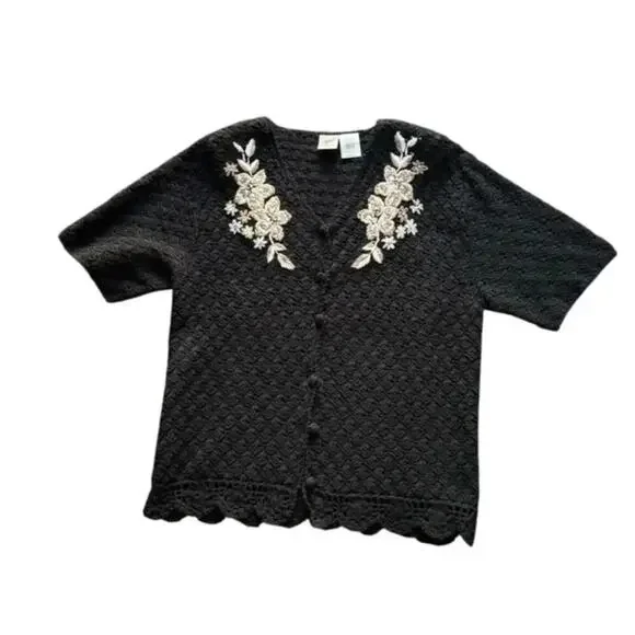 Vintage AGW Division of Graff Black Open Knit Cardigan XL Floral Embroidered - Picture 3 of 11